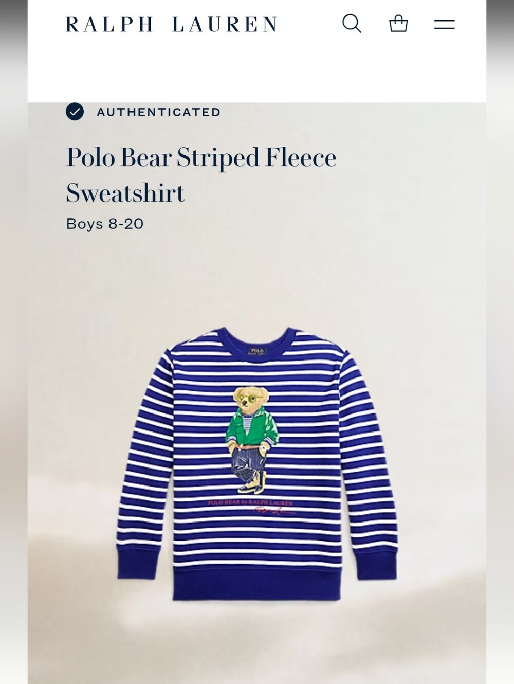 NWT Polo by Ralph Lauren Bear Striped Fleece Sweatshirt